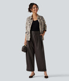High Waisted Barrel Leg Stretchy PU Fleece Casual Trousers with Pockets — Hot Fudge — view 7