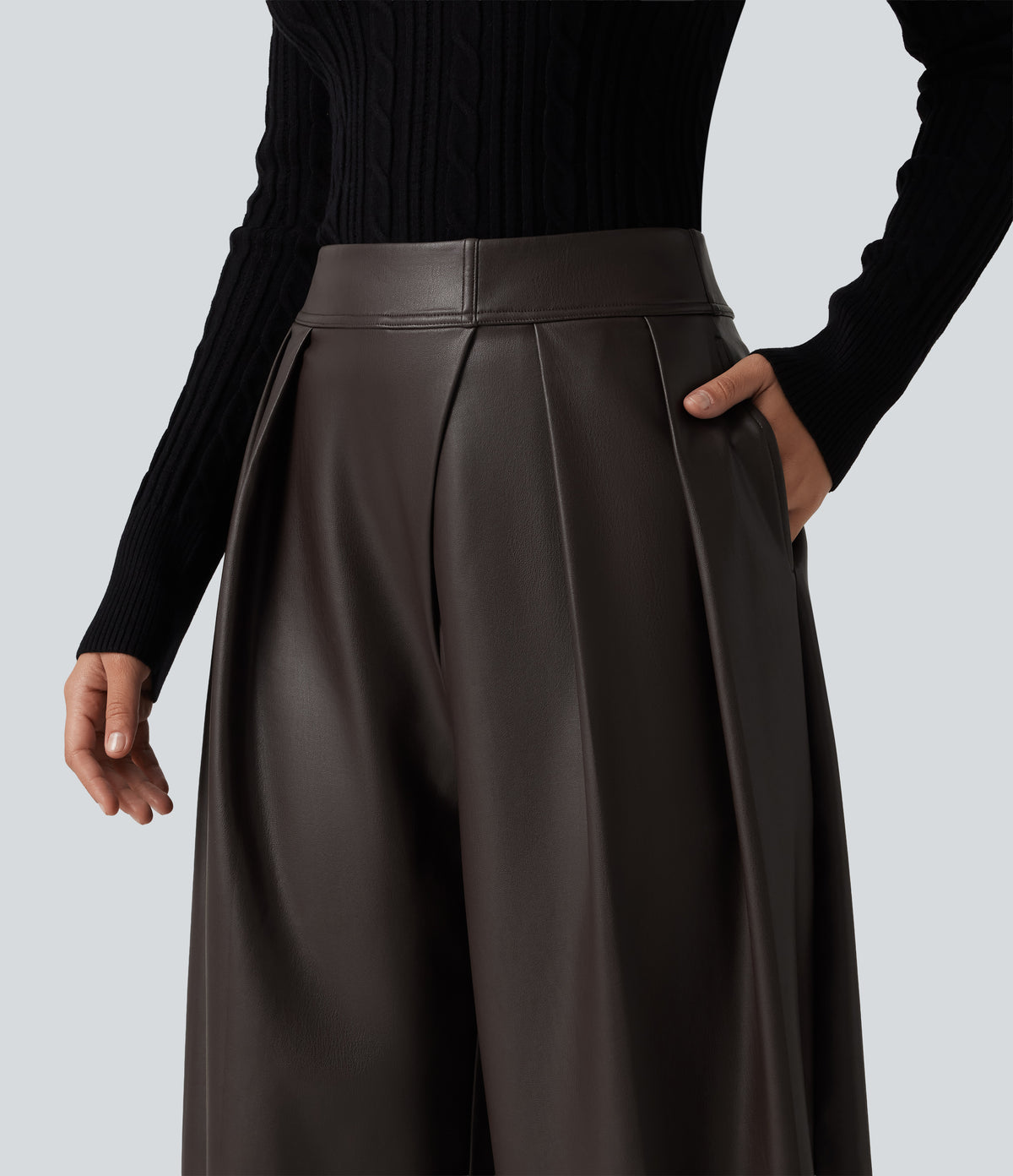 High Waisted Barrel Leg Stretchy PU Fleece Casual Trousers with Pockets — Hot Fudge — view 6