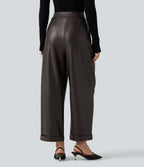 High Waisted Barrel Leg Stretchy PU Fleece Casual Trousers with Pockets — Hot Fudge — view 3