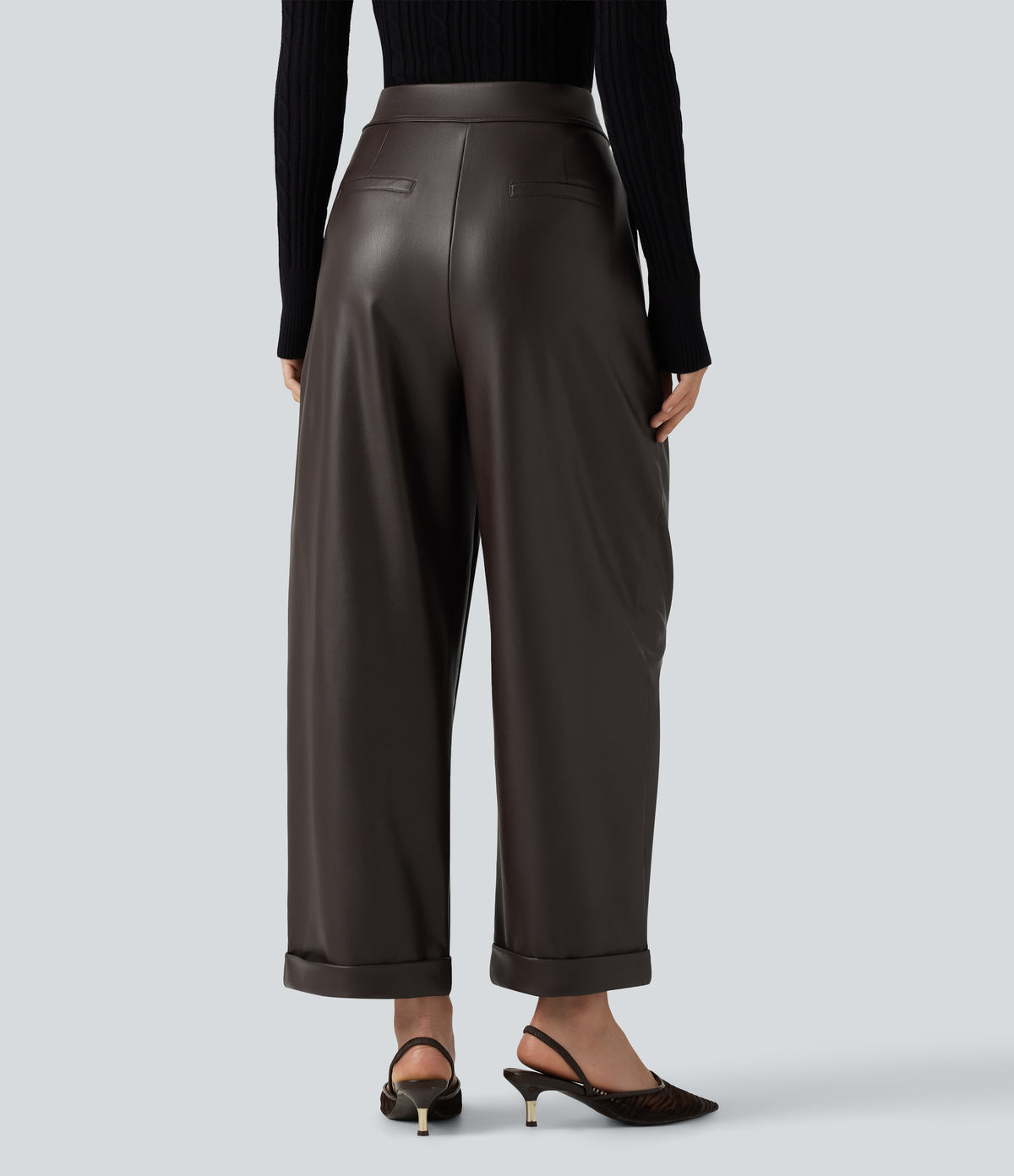 High Waisted Barrel Leg Stretchy PU Fleece Casual Trousers with Pockets — Hot Fudge — view 3