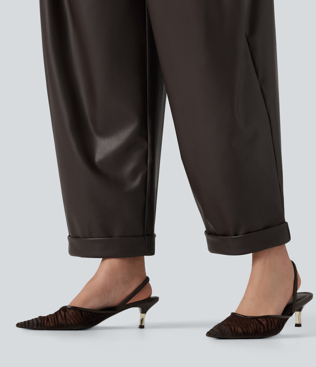 High Waisted Barrel Leg Stretchy PU Fleece Casual Trousers with Pockets — Hot Fudge — view 4