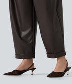 High Waisted Barrel Leg Stretchy PU Fleece Casual Trousers with Pockets — Hot Fudge — view 4