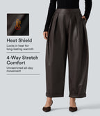 High Waisted Barrel Leg Stretchy PU Fleece Casual Trousers with Pockets — Hot Fudge — view 1