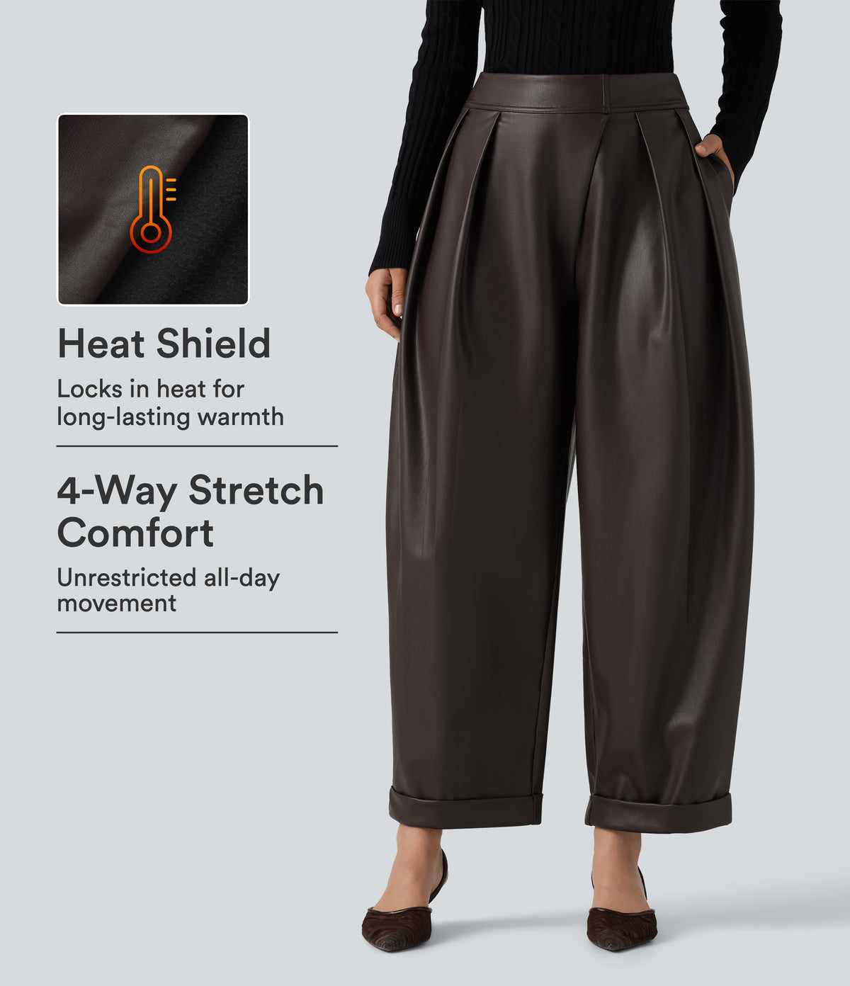 High Waisted Barrel Leg Stretchy PU Fleece Casual Trousers with Pockets — Hot Fudge — view 1