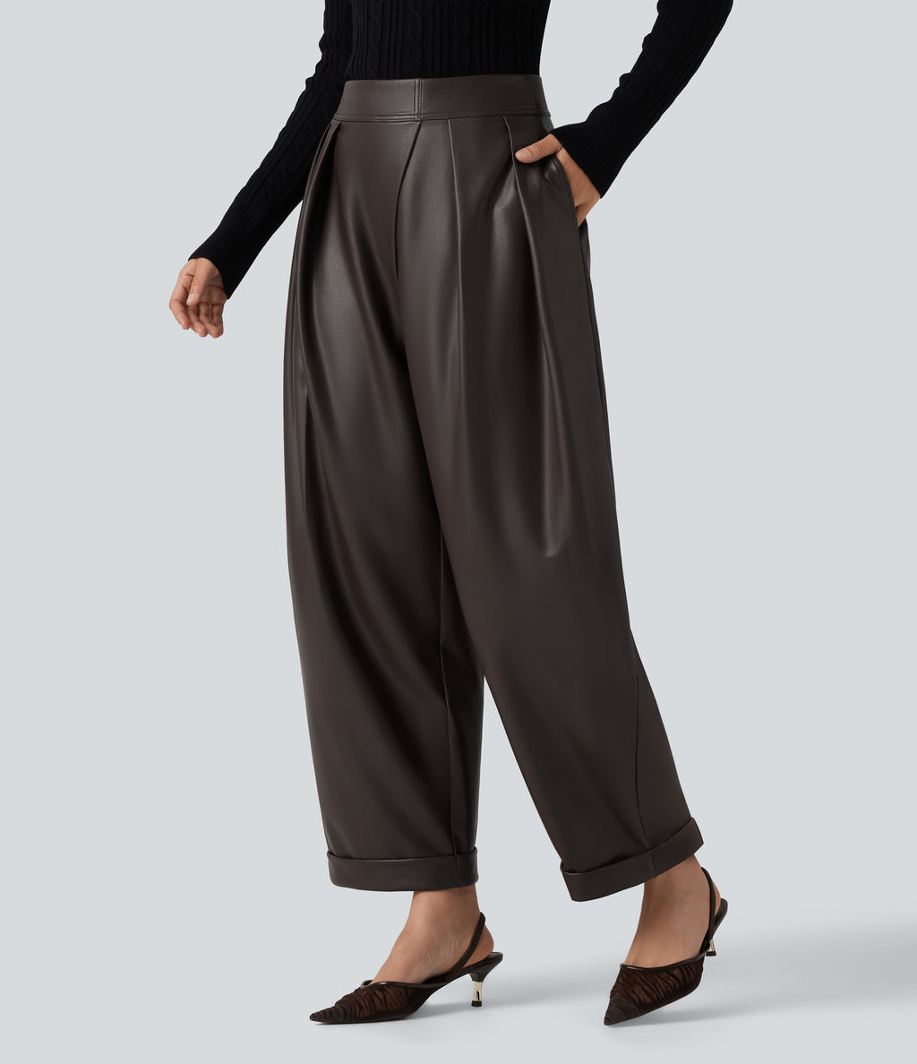 High Waisted Barrel Leg Stretchy PU Fleece Casual Trousers with Pockets — Hot Fudge — view 2