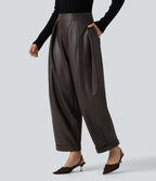 High Waisted Barrel Leg Stretchy PU Fleece Casual Trousers with Pockets — Hot Fudge — view 2