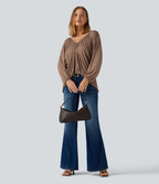 V Neck Batwing Long Sleeve Tie Ruched Casual Blouse — Beaver Fur — view 4