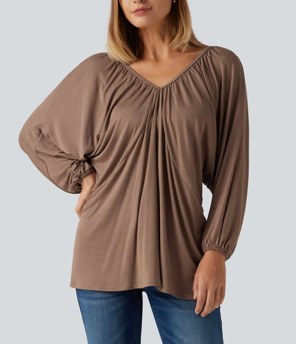 V Neck Batwing Long Sleeve Tie Ruched Casual Blouse — Beaver Fur — view 7