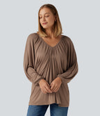 V Neck Batwing Long Sleeve Tie Ruched Casual Blouse — Beaver Fur — view 6