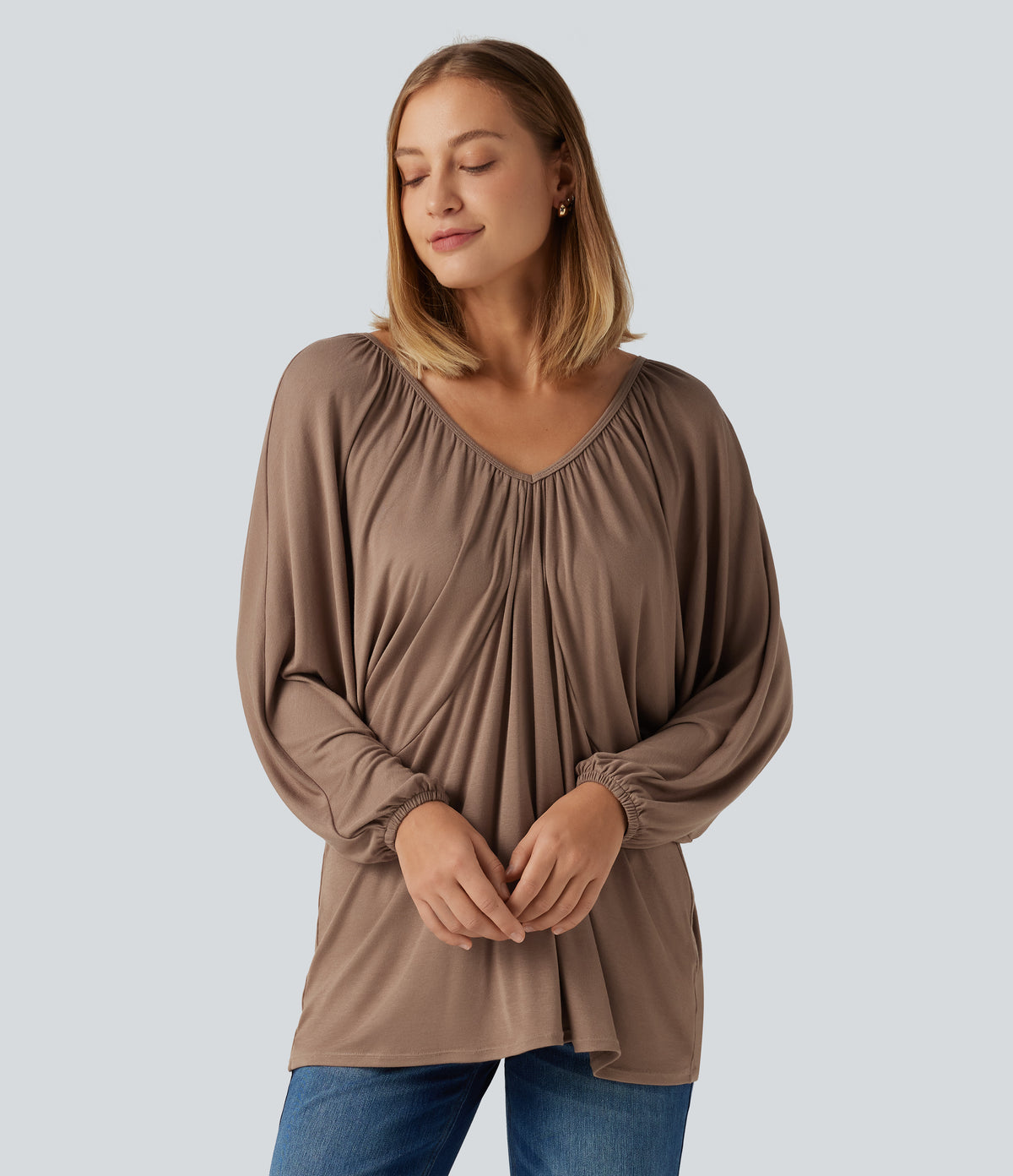 V Neck Batwing Long Sleeve Tie Ruched Casual Blouse — Beaver Fur — view 6