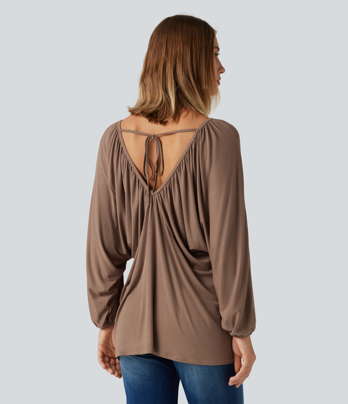 V Neck Batwing Long Sleeve Tie Ruched Casual Blouse — Beaver Fur — view 2