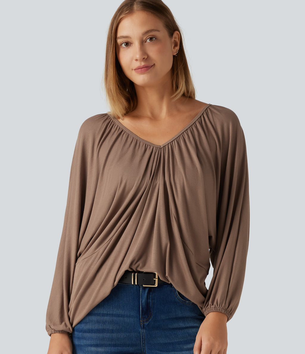 V Neck Batwing Long Sleeve Tie Ruched Casual Blouse — Beaver Fur — view 1