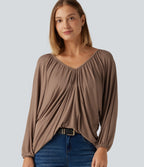 V Neck Batwing Long Sleeve Tie Ruched Casual Blouse — Beaver Fur — view 1