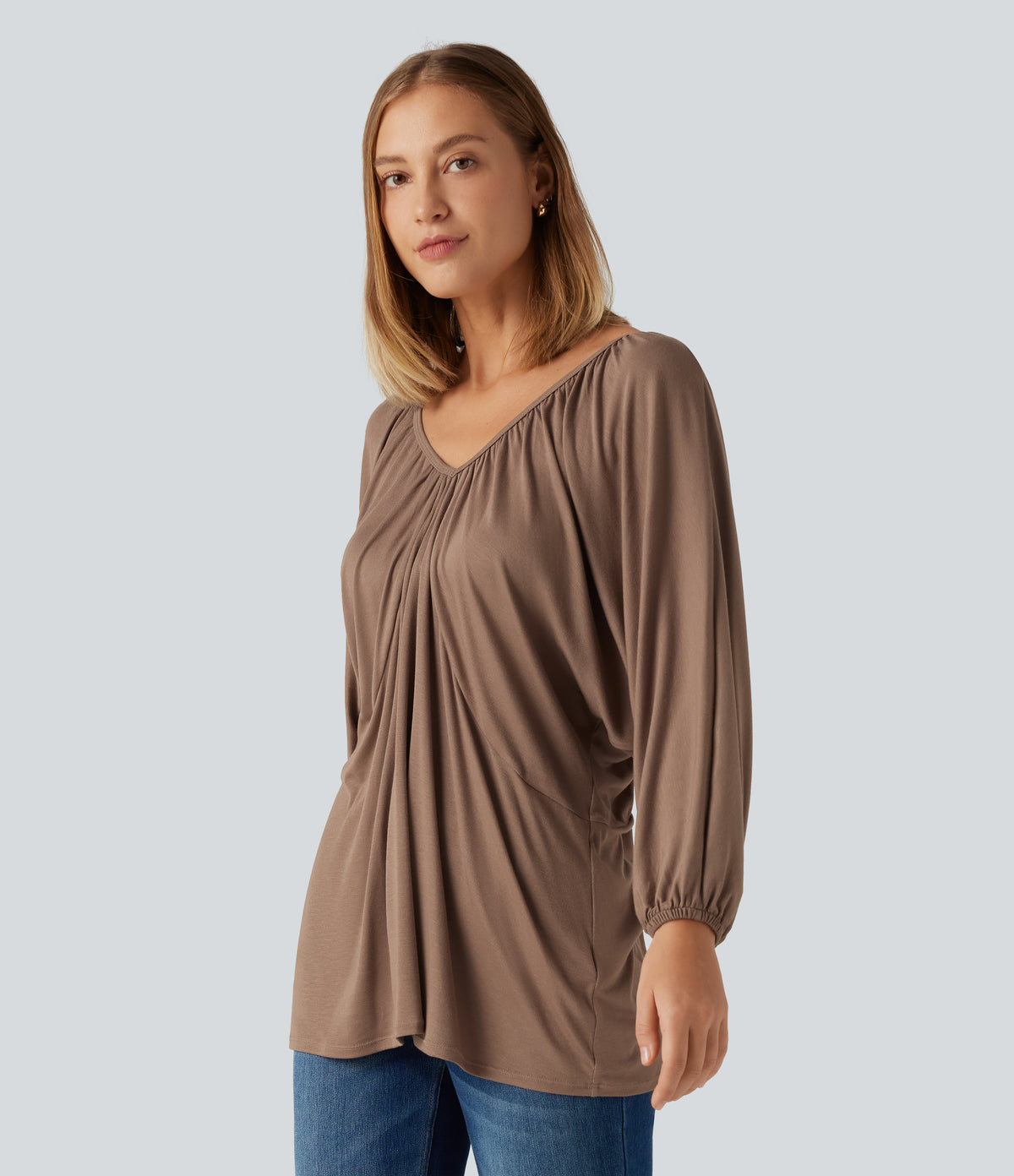 V Neck Batwing Long Sleeve Tie Ruched Casual Blouse — Beaver Fur — view 3