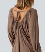 V Neck Batwing Long Sleeve Tie Ruched Casual Blouse — Beaver Fur — view 5