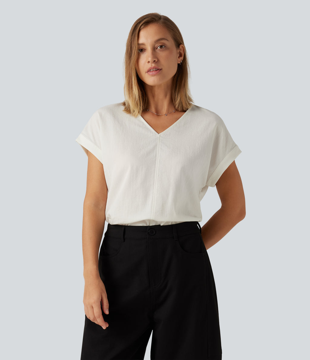 V Neck Short Sleeve Linen-Feel Casual Blouse — Marshmallow — view 6