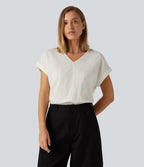 V Neck Short Sleeve Linen-Feel Casual Blouse — Marshmallow — view 6