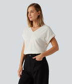 V Neck Short Sleeve Linen-Feel Casual Blouse — Marshmallow — view 4