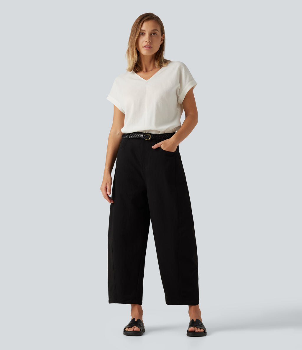 V Neck Short Sleeve Linen-Feel Casual Blouse — Marshmallow — view 7