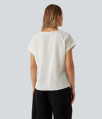 V Neck Short Sleeve Linen-Feel Casual Blouse — Marshmallow — view 2