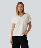V Neck Short Sleeve Linen-Feel Casual Blouse — Marshmallow — view 3