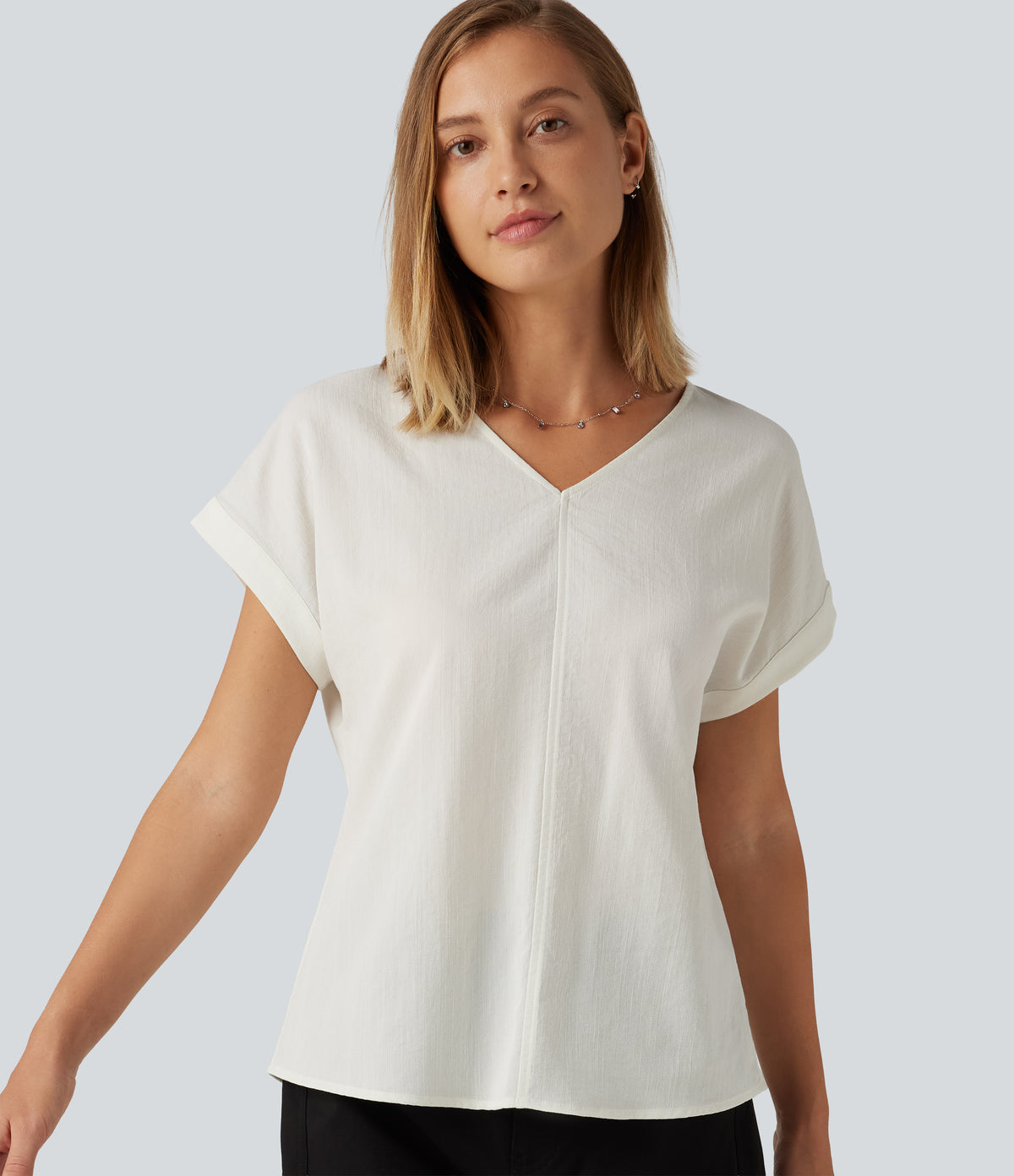 V Neck Short Sleeve Linen-Feel Casual Blouse — Marshmallow — view 1