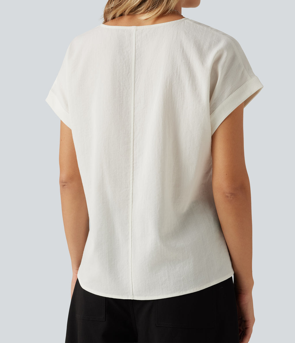 V Neck Short Sleeve Linen-Feel Casual Blouse — Marshmallow — view 5