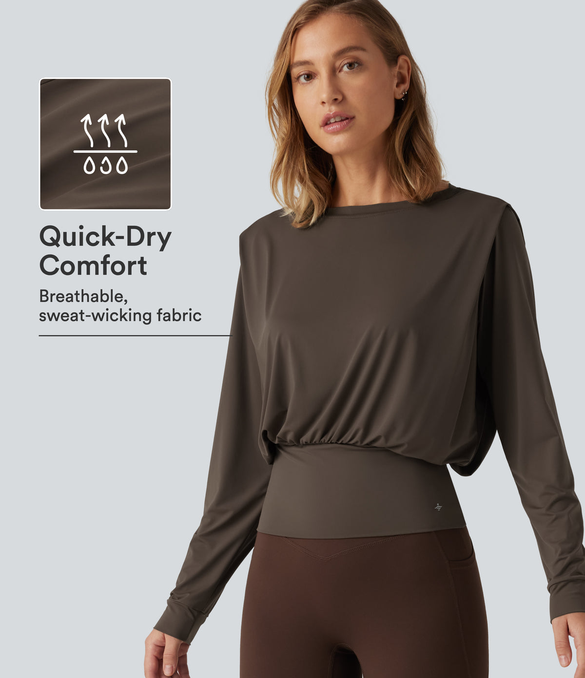 Round Neck Long Sleeve Quick Dry Yoga Sports Top — Chocolate Martini — view 1