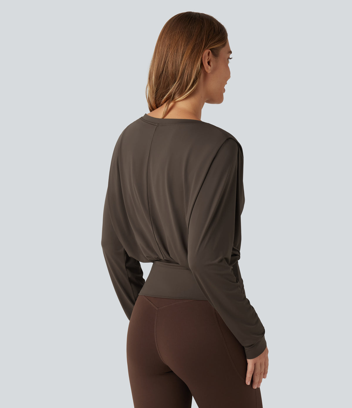 Round Neck Long Sleeve Quick Dry Yoga Sports Top — Chocolate Martini — view 2