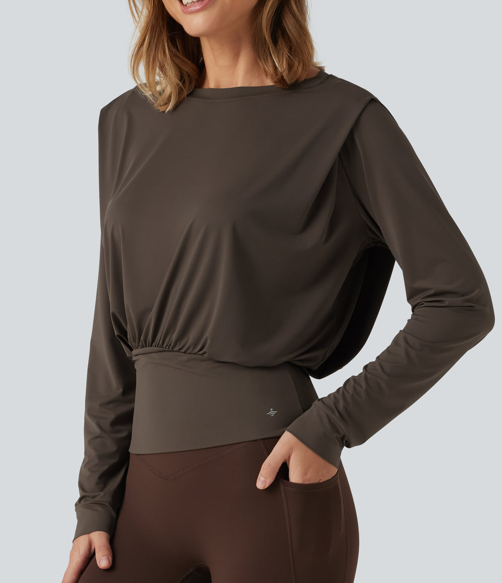 Round Neck Long Sleeve Quick Dry Yoga Sports Top — Chocolate Martini — view 6