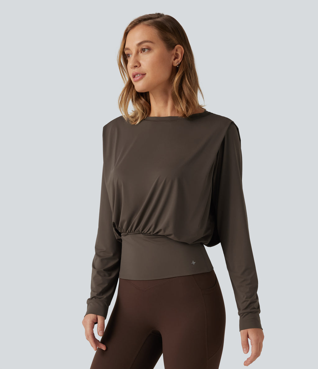 Round Neck Long Sleeve Quick Dry Yoga Sports Top — Chocolate Martini — view 3