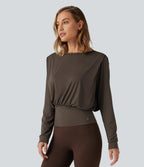 Round Neck Long Sleeve Quick Dry Yoga Sports Top — Chocolate Martini — view 3