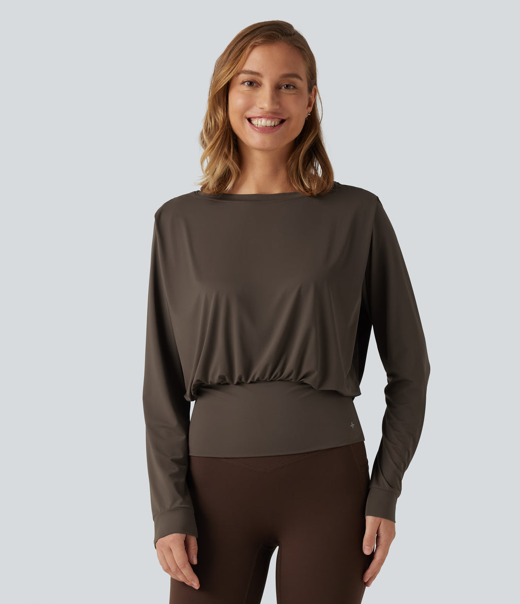 Round Neck Long Sleeve Quick Dry Yoga Sports Top — Chocolate Martini — view 4