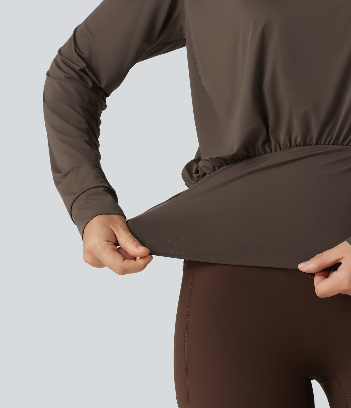 Round Neck Long Sleeve Quick Dry Yoga Sports Top — Chocolate Martini — view 5