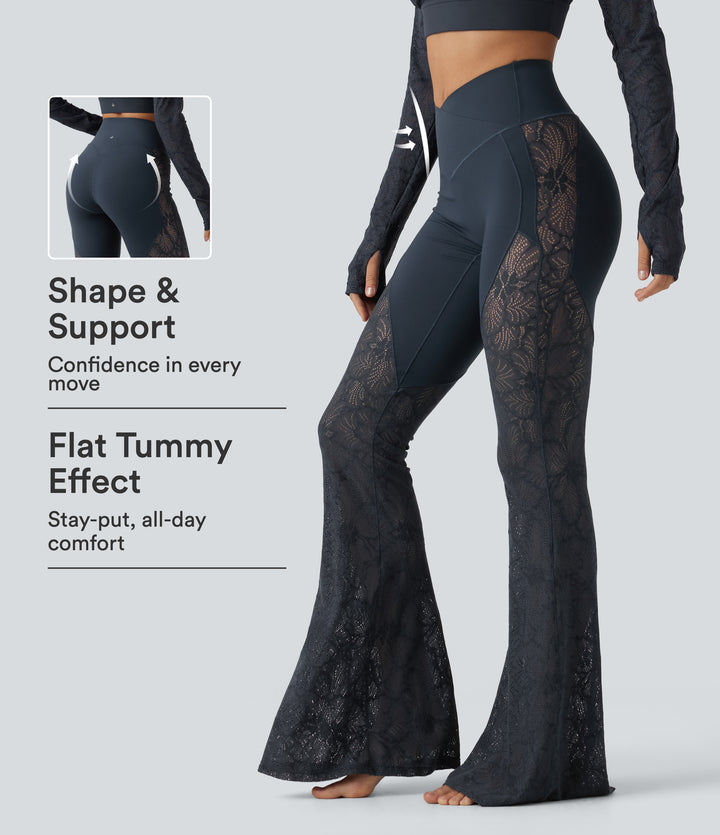 High Waisted Crossover Tummy Control Contrast Lace Yoga Flare Leggings with Pockets — Carbon — view 1