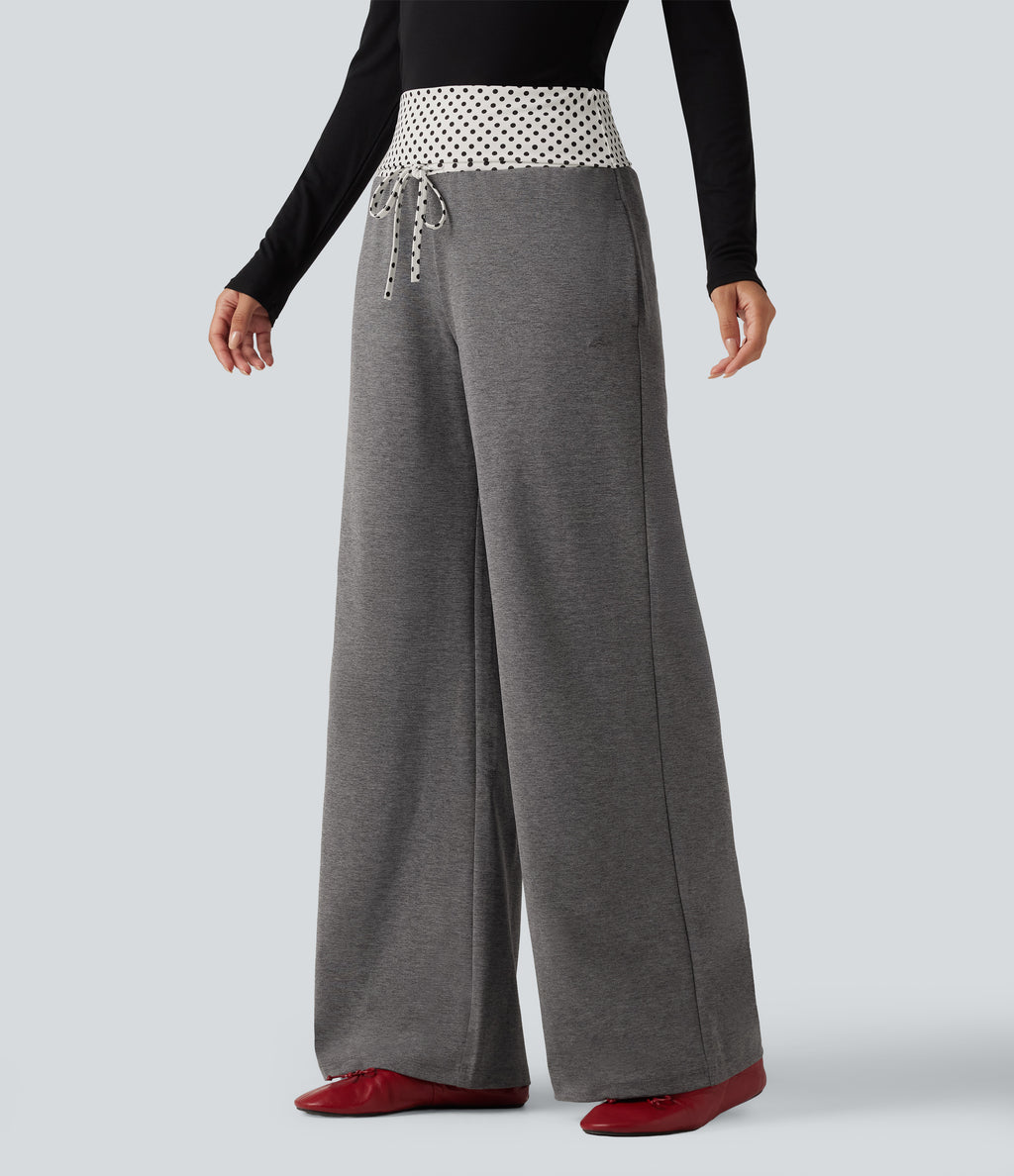 Mid Rise Drawstring Straight Leg Polka Dot Quick Dry Casual Sweatpants with Pockets — Dusky Charcoal — view 3