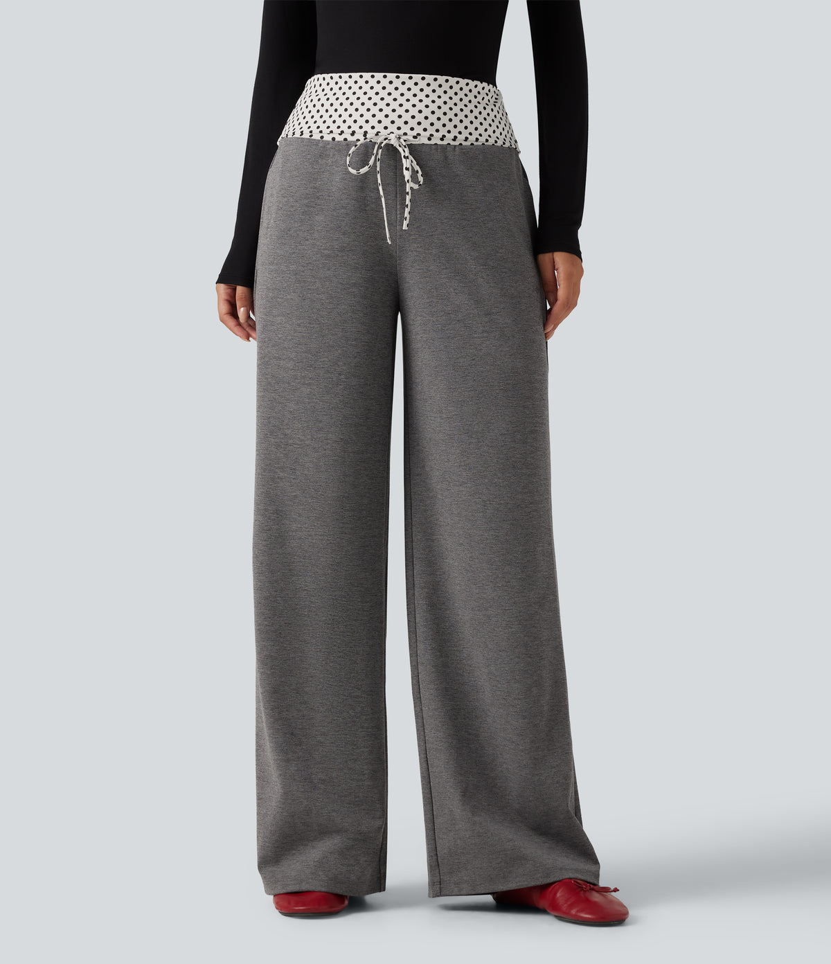 Mid Rise Drawstring Straight Leg Polka Dot Quick Dry Casual Sweatpants with Pockets — Dusky Charcoal — view 1