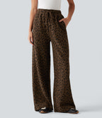 High Waisted Drawstring Leopard Print Wide Leg Casual Plush Trousers with Pockets — Brown and Black Leopard — view 1