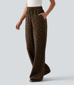 High Waisted Drawstring Leopard Print Wide Leg Casual Plush Trousers with Pockets — Brown and Black Leopard — view 3