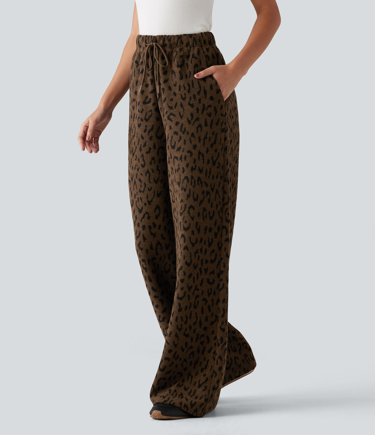 High Waisted Drawstring Leopard Print Wide Leg Casual Plush Trousers with Pockets — Brown and Black Leopard — view 3