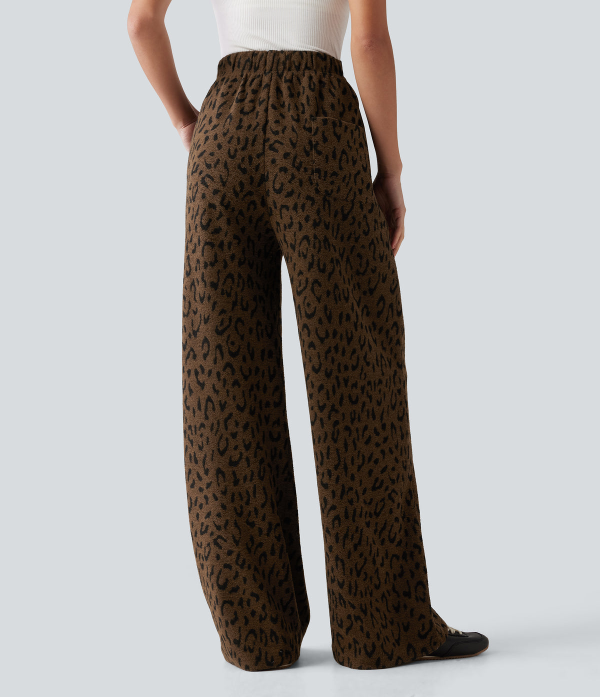 High Waisted Drawstring Leopard Print Wide Leg Casual Plush Trousers with Pockets — Brown and Black Leopard — view 2