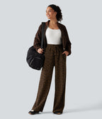High Waisted Drawstring Leopard Print Wide Leg Casual Plush Trousers with Pockets — Brown and Black Leopard — view 7