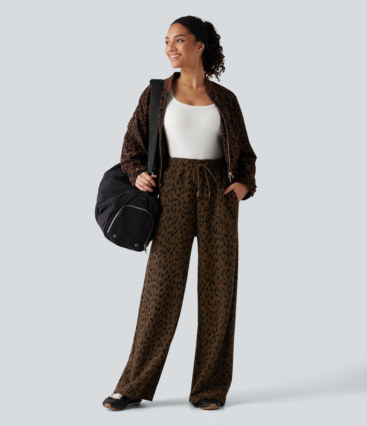 High Waisted Drawstring Leopard Print Wide Leg Casual Plush Trousers with Pockets — Brown and Black Leopard — view 7