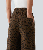 High Waisted Drawstring Leopard Print Wide Leg Casual Plush Trousers with Pockets — Brown and Black Leopard — view 5