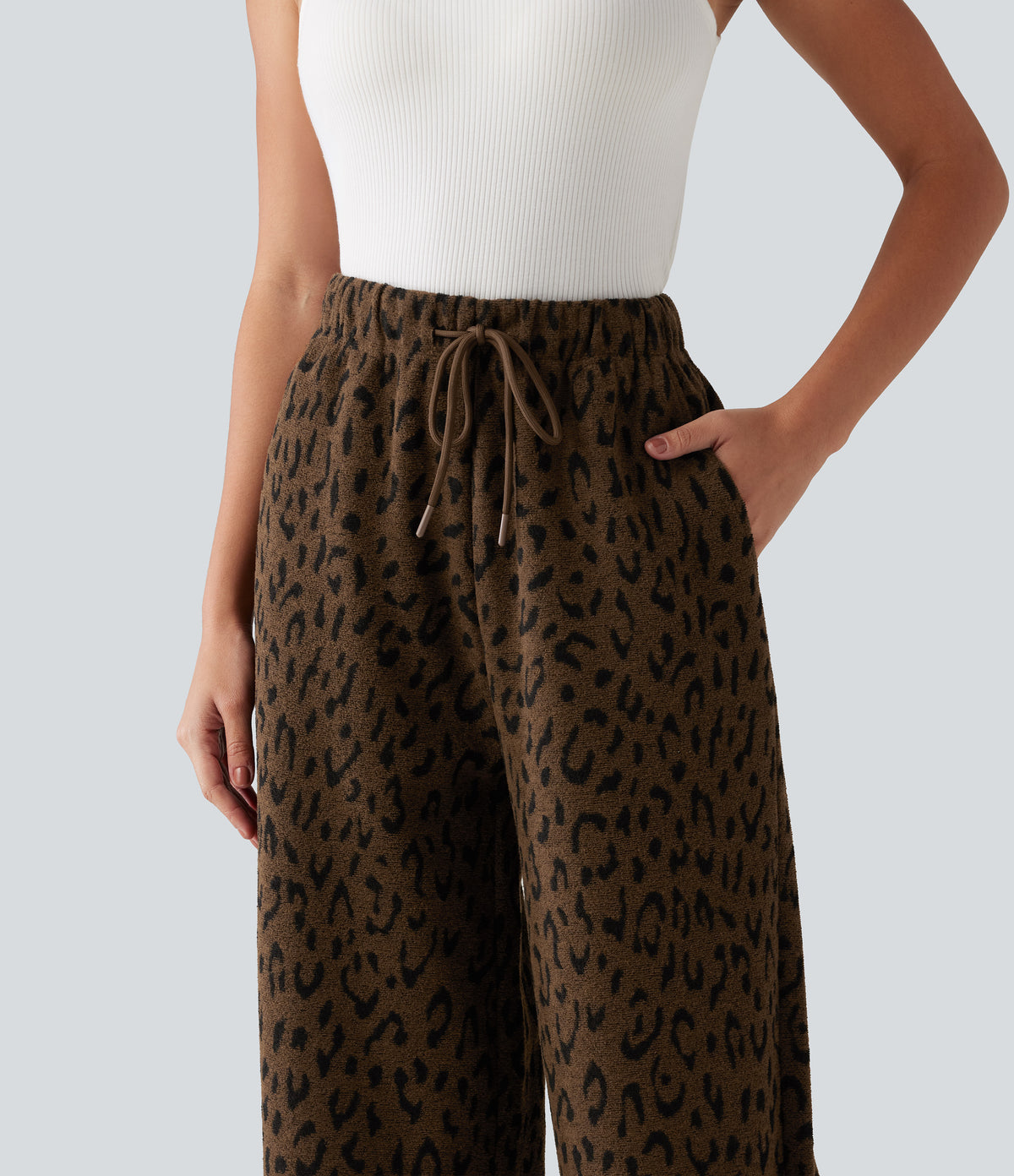 High Waisted Drawstring Leopard Print Wide Leg Casual Plush Trousers with Pockets — Brown and Black Leopard — view 4