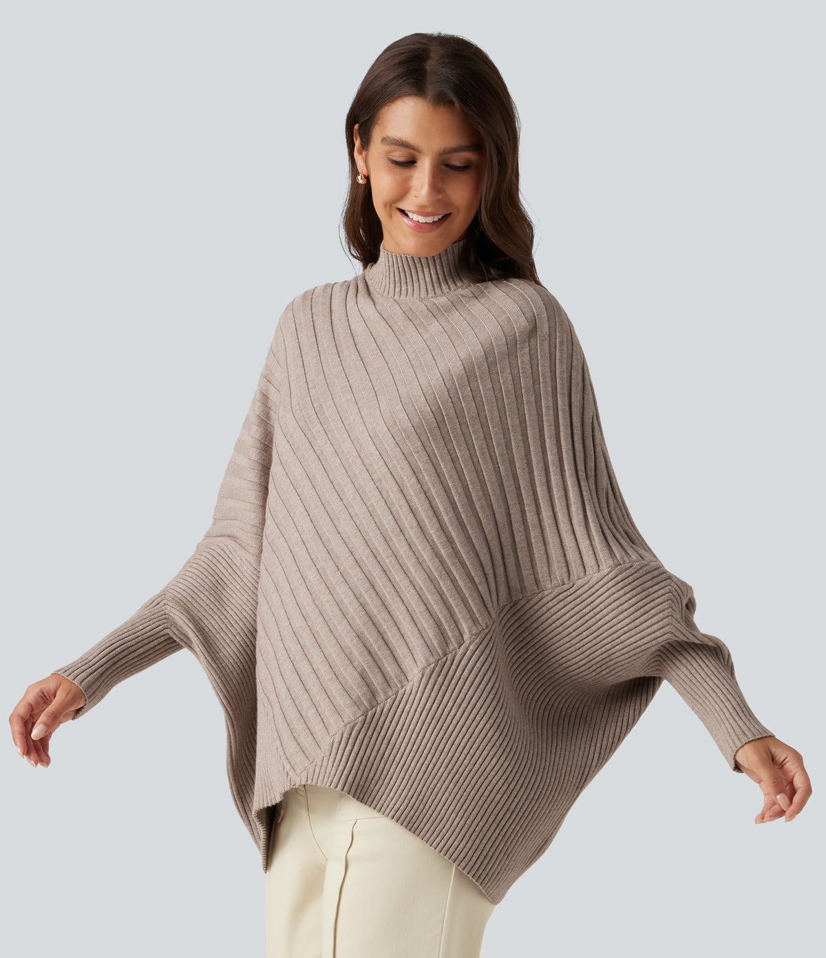 High Neck Batwing Long Sleeve Oversized Casual Jumper — Humus — view 3