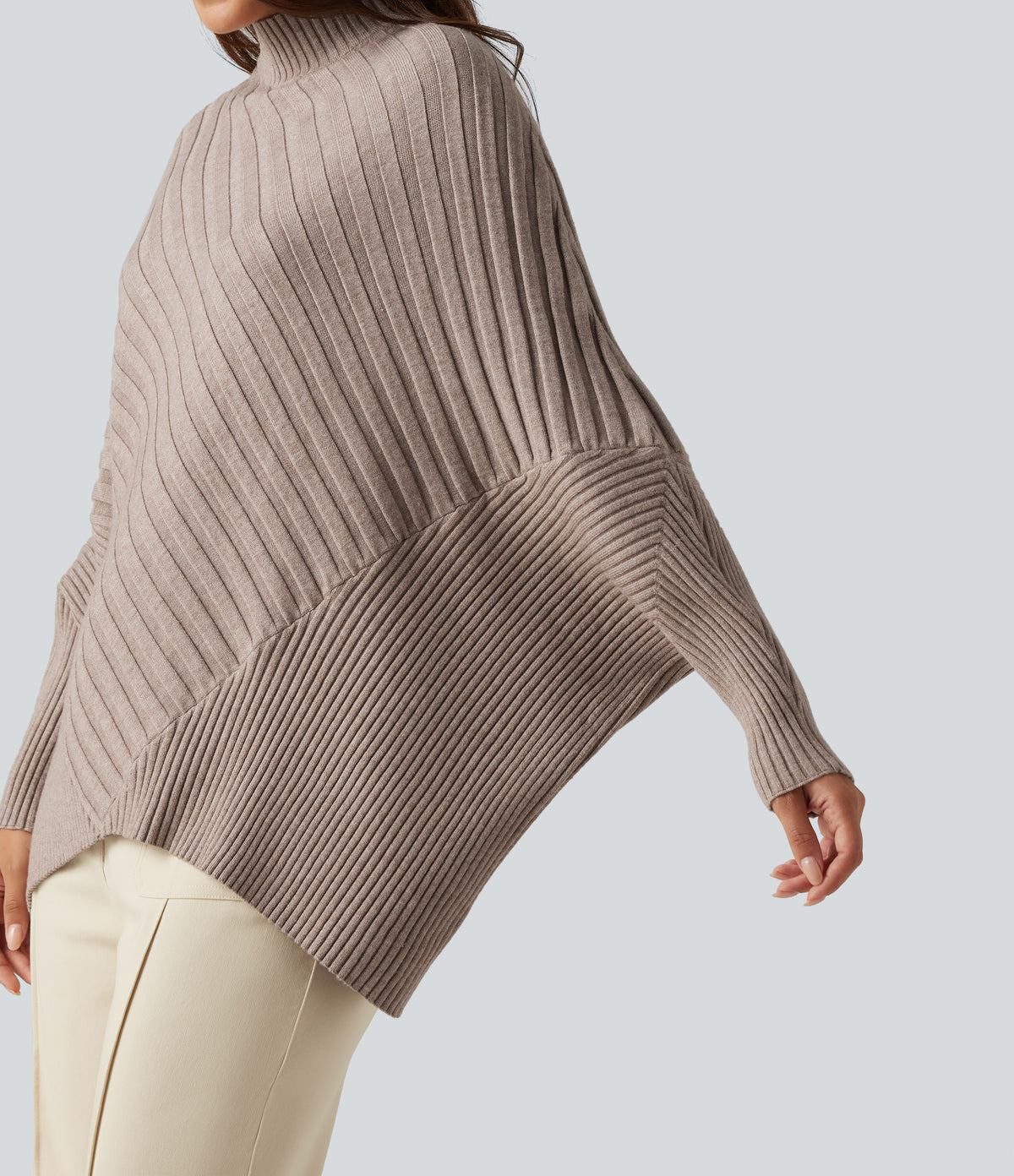 High Neck Batwing Long Sleeve Oversized Casual Jumper — Humus — view 5