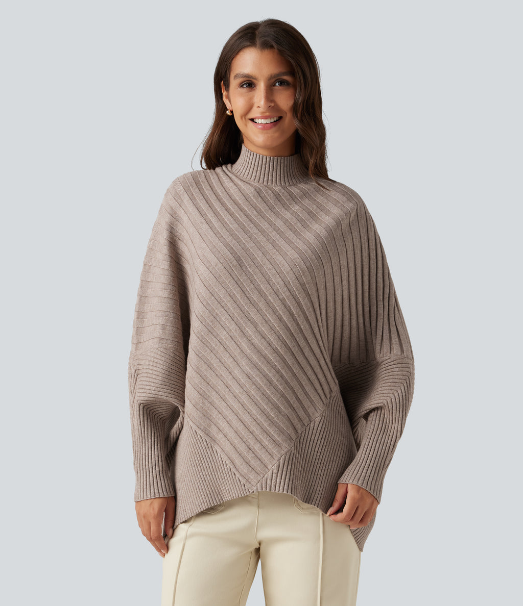 High Neck Batwing Long Sleeve Oversized Casual Jumper — Humus — view 4