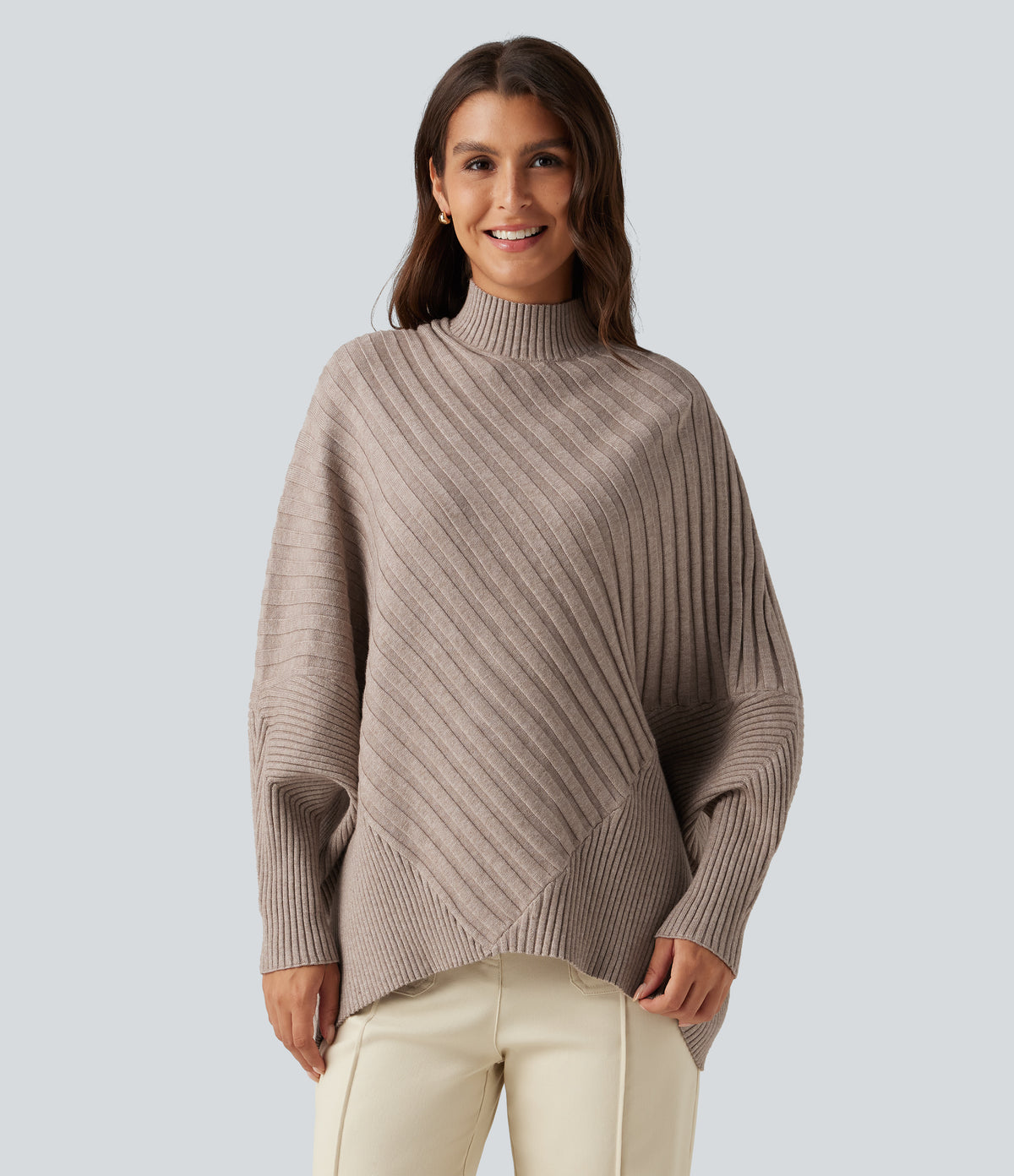 High Neck Batwing Long Sleeve Oversized Casual Jumper — Humus — view 4