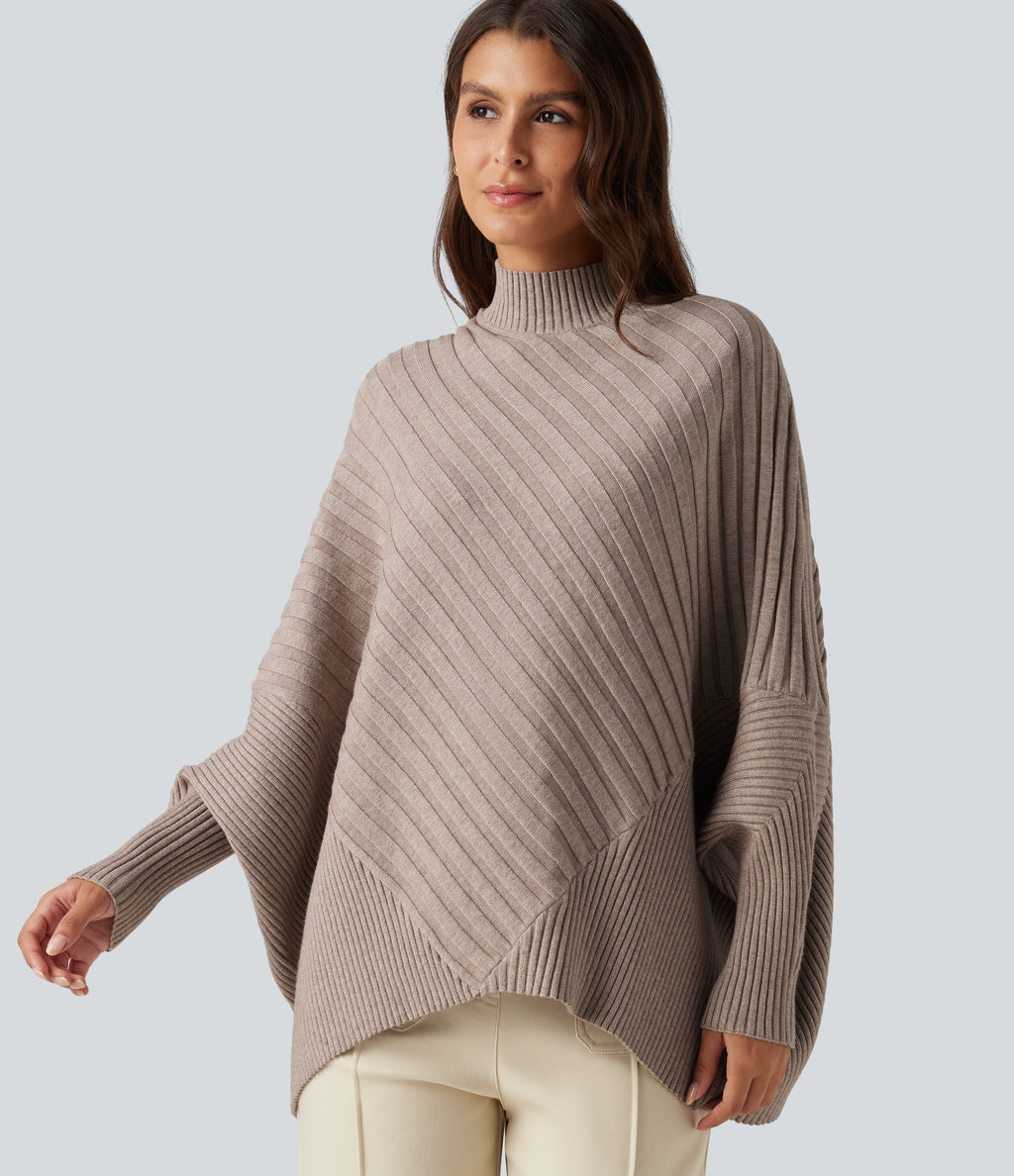 High Neck Batwing Long Sleeve Oversized Casual Jumper — Humus — view 1